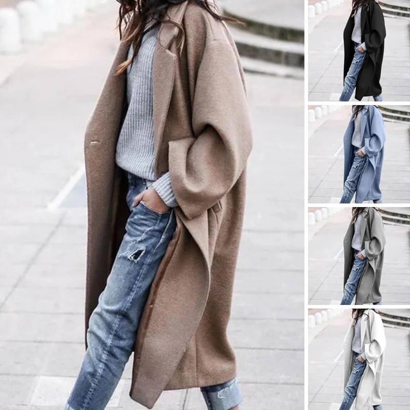 

Autumn Women Elegant Print Long Wool Blend Coat Winter Button Loose Cardigan Windbreaker Coat Retro Lady Lapel Jacket Outerwear