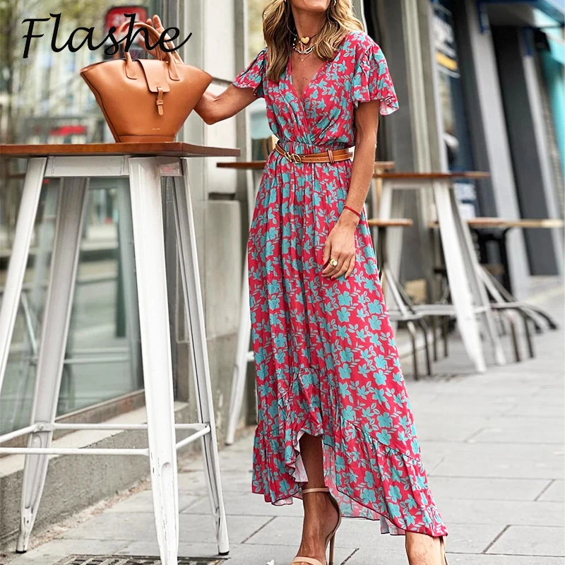 

Summer Maxi Dresses For Women Short Sleeve A-Line V Neck Vintage Print Dress Women Summer Casual Long Dress Plus Size