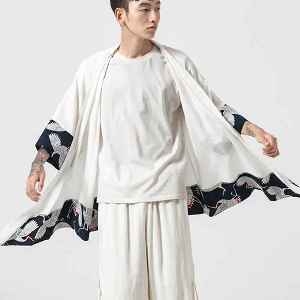 

Элегантная мужская Восточная Солнцезащитная рубашка для косплея с журавлем, мужская рубашка в китайском стиле, ветровка в старинном стиле
