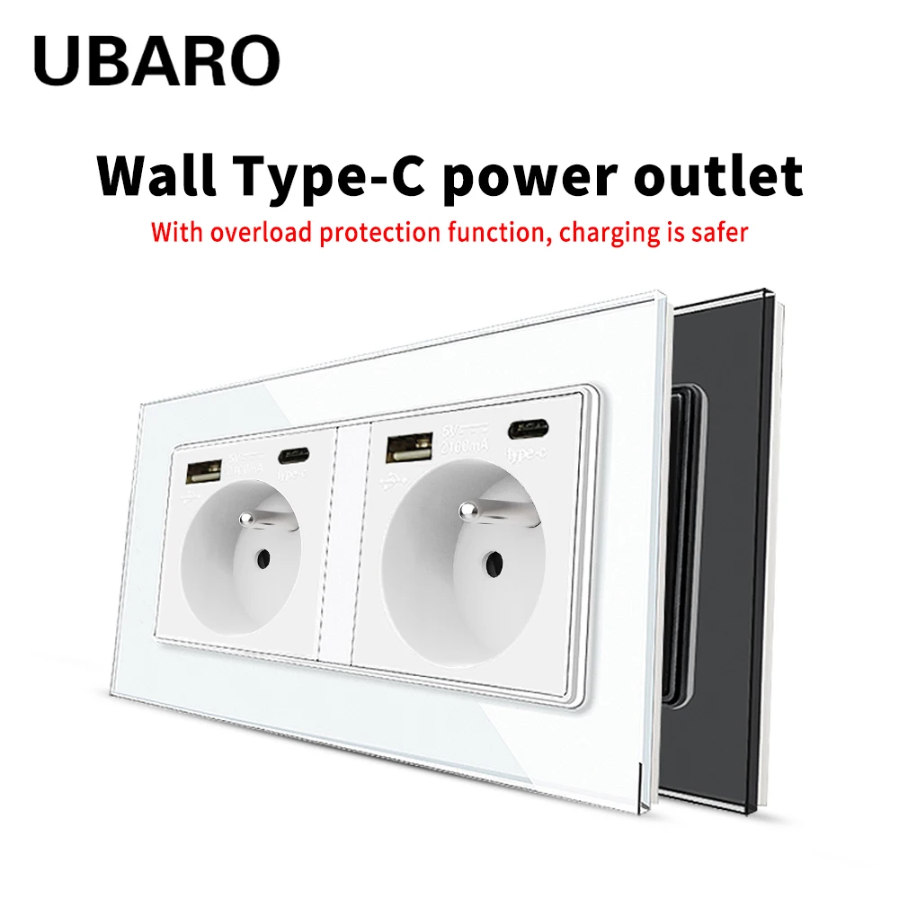 

UBARO Fr 146*86mm TYPE C Wall Socket Tempered Glass Panel French Plugs Power Electrical USB Outlet 5V 2100mA Double Prise 16A