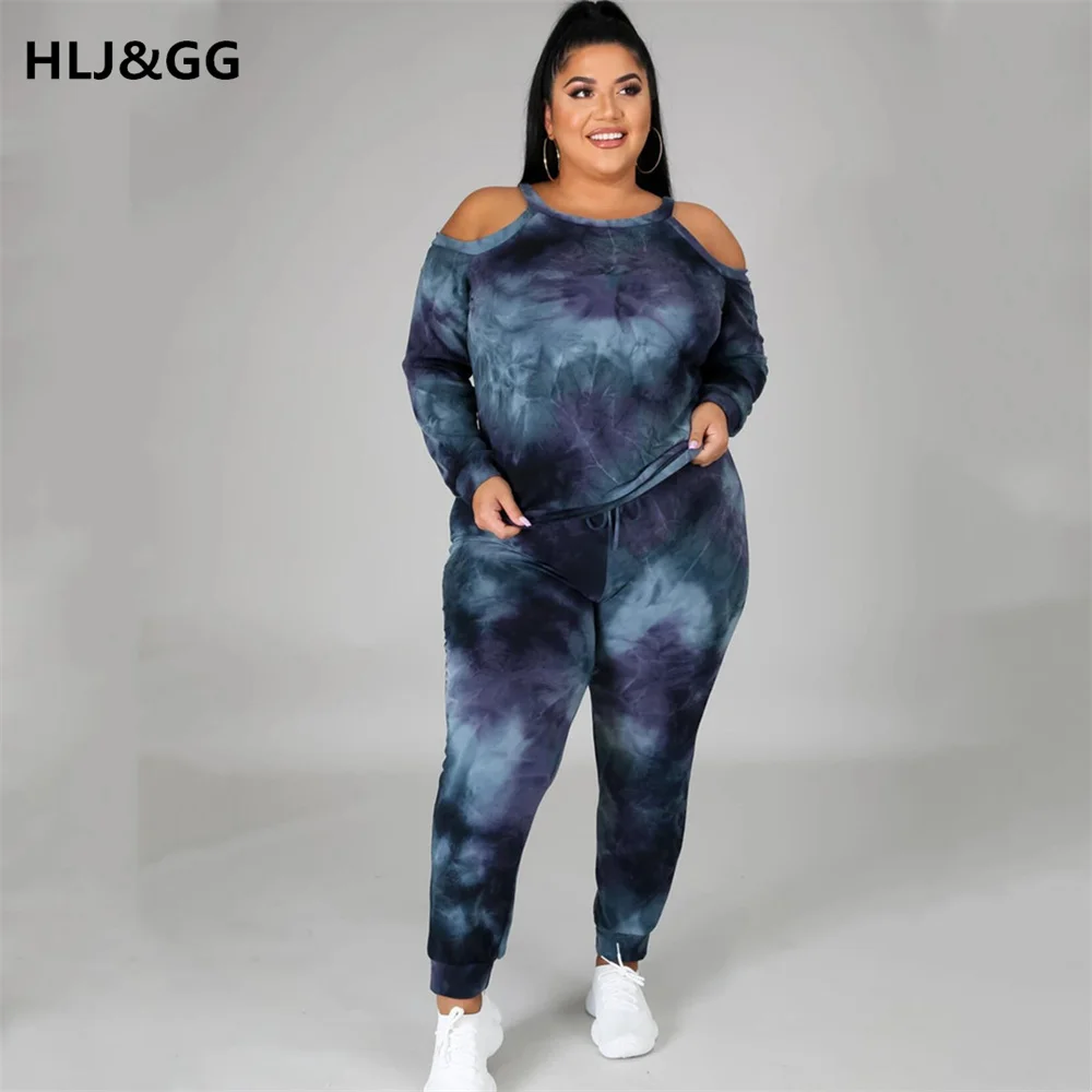 HLJ&GG Tie Dye Off Shoulder Plus Size Sport Casual Suits Sets Women 2Pcs Tracksuit Fashion Long Sleeve T-Shirt+Long Pants L-5XL