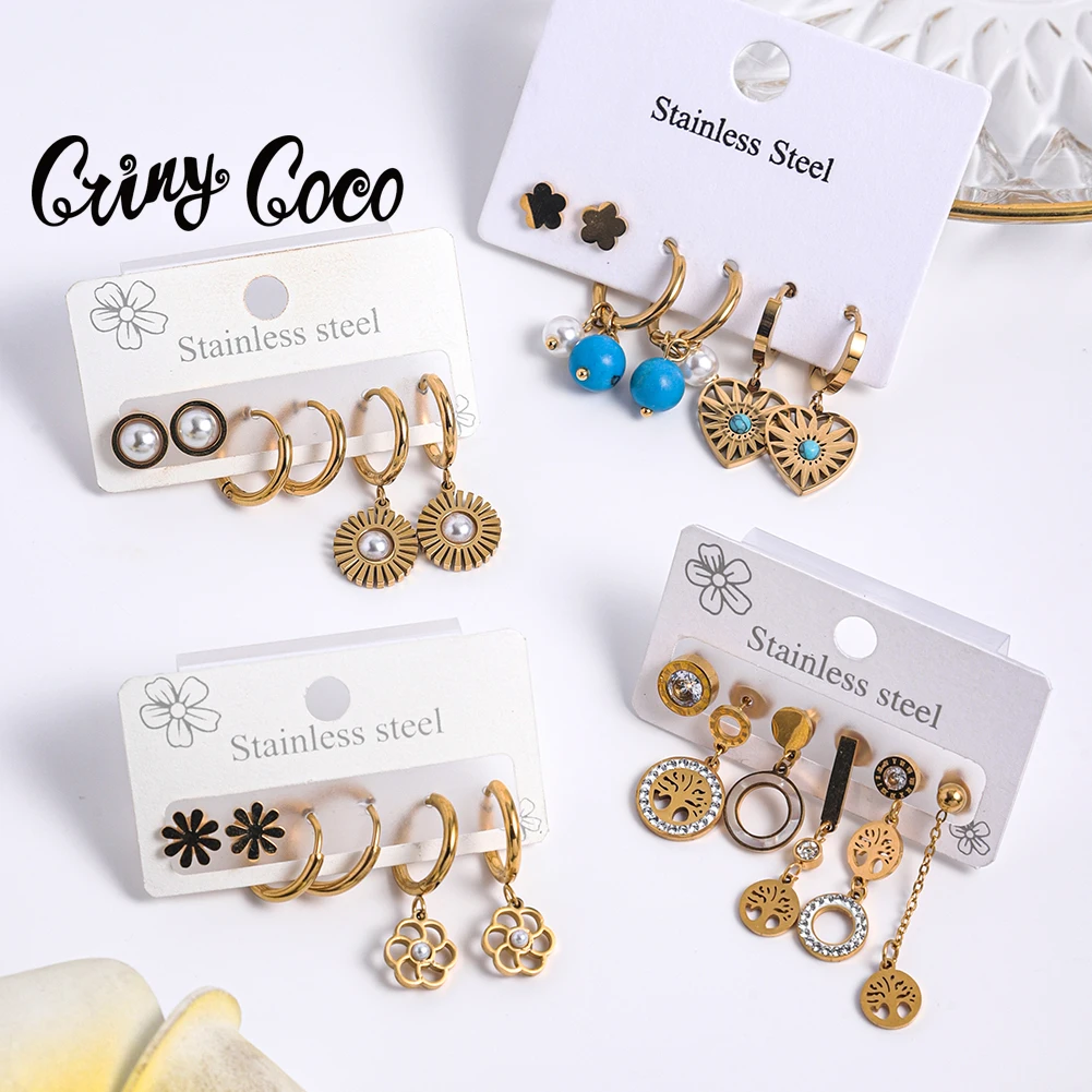 

Cring Coco New Earrings Sets Stainless Steel Earring Jewelry 3 Piece Set Women's Trend Ins Flower Hoops Earrings for Women Party