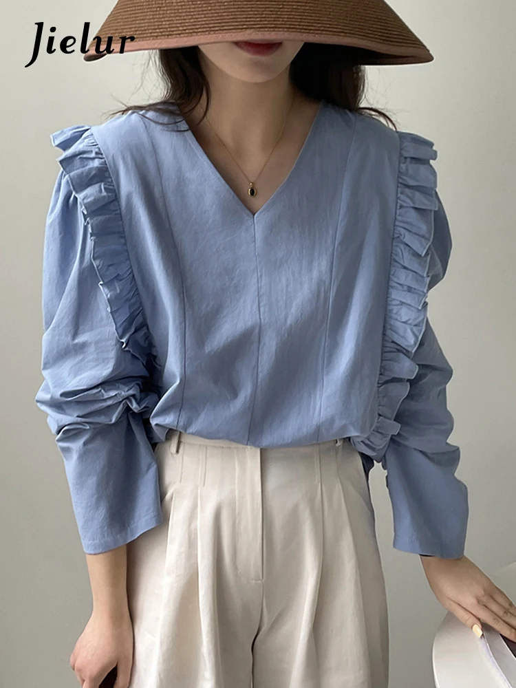 

Jielur V-neck Blue Flying Sleeve Women Blouse White Chic Edible Tree Fungus Casual Office Lady Summer Simple Solid Color Blouse