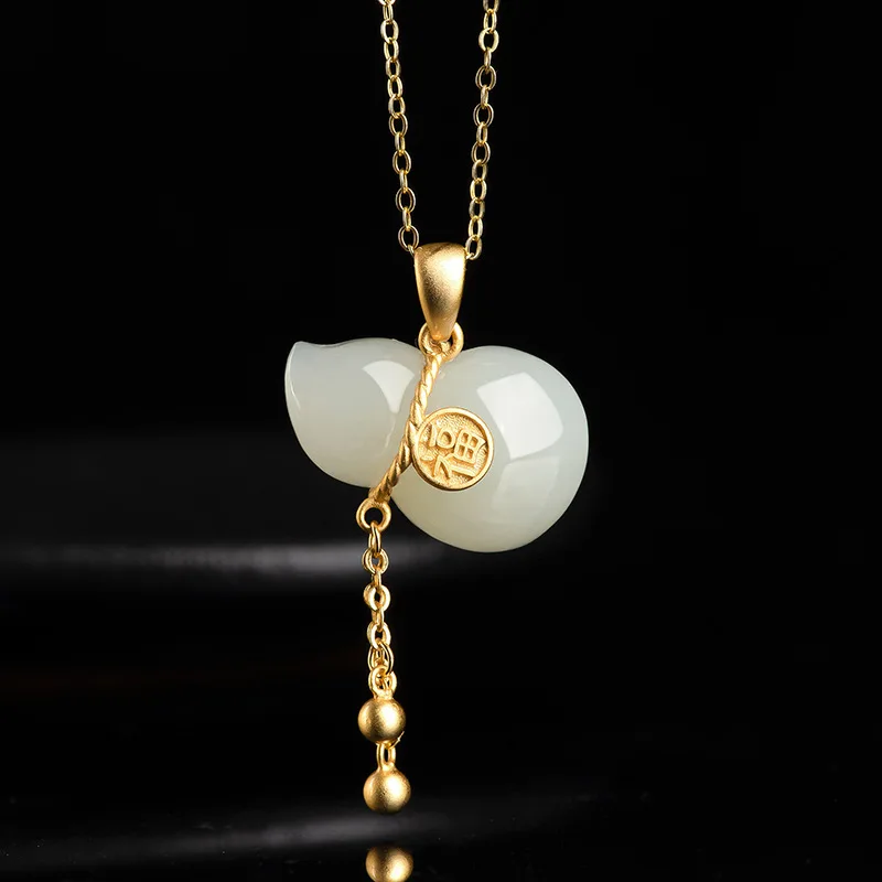 

Mai Chuang/Hand Carved/ hetian whit jade silver inlay fu lu Necklace Pendant Fashion Elegant Jewelry Men and Women Couple Gift