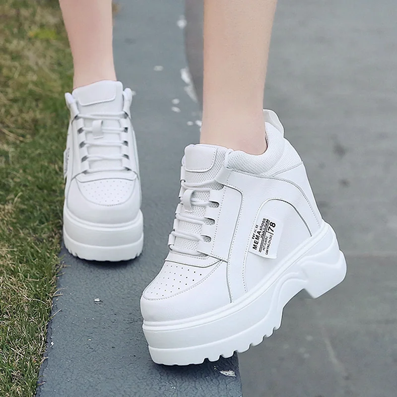 

Women Leather Platform Sneakers Spring New Sneakers White Shoes 6cm High Heels Wedge Outdoor Sneakers Breathable Casual Shoes