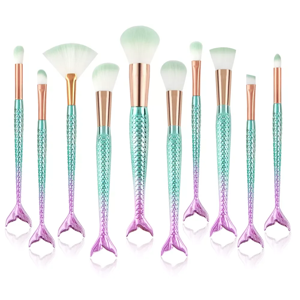 

NEW2023 10Pcs Unicorn Makeup Brush Set Fish Tail Foundation Powder Eyeshadow Make up Brushes Contour Blending Cosmetic Brushes