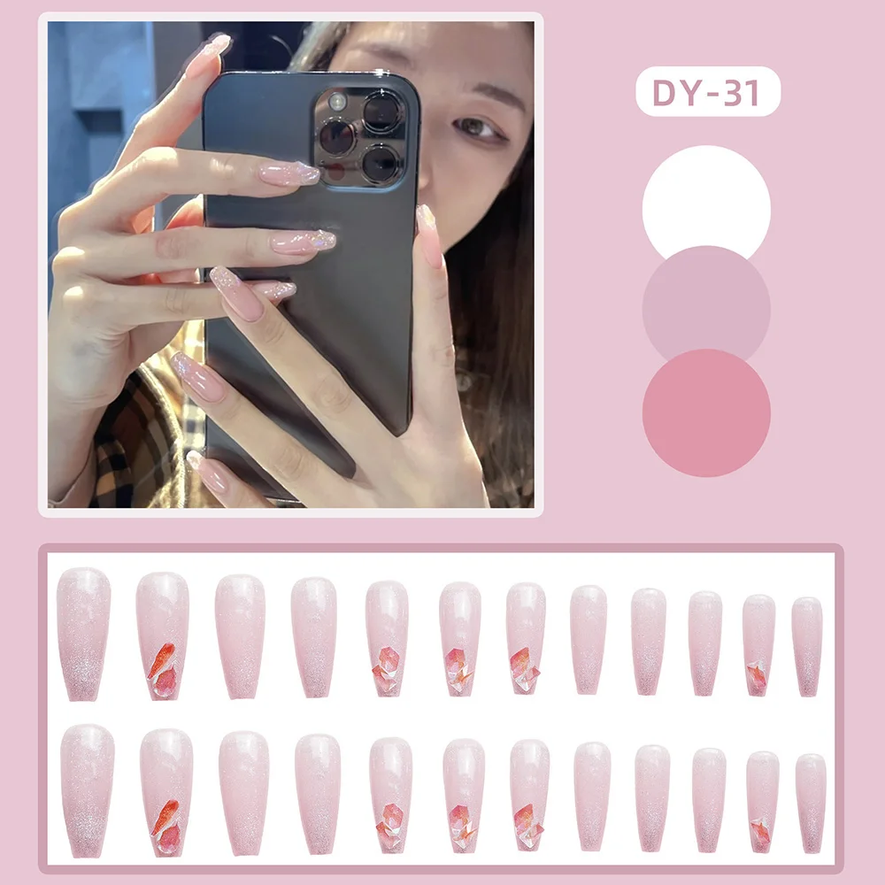 

Принадлежности для ногтей 24 шт. глянцевые накладные ногти с бриллиантами розовые длинные накладные ногти для женщин и девочек