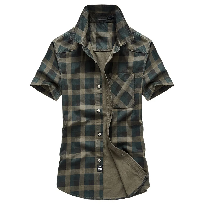 

New 2022 Summer Military Plaid Shirts Men Brand Outwear Cotton Breathable Short Sleeve Shirts Male Size M-4XL Camisa masculina