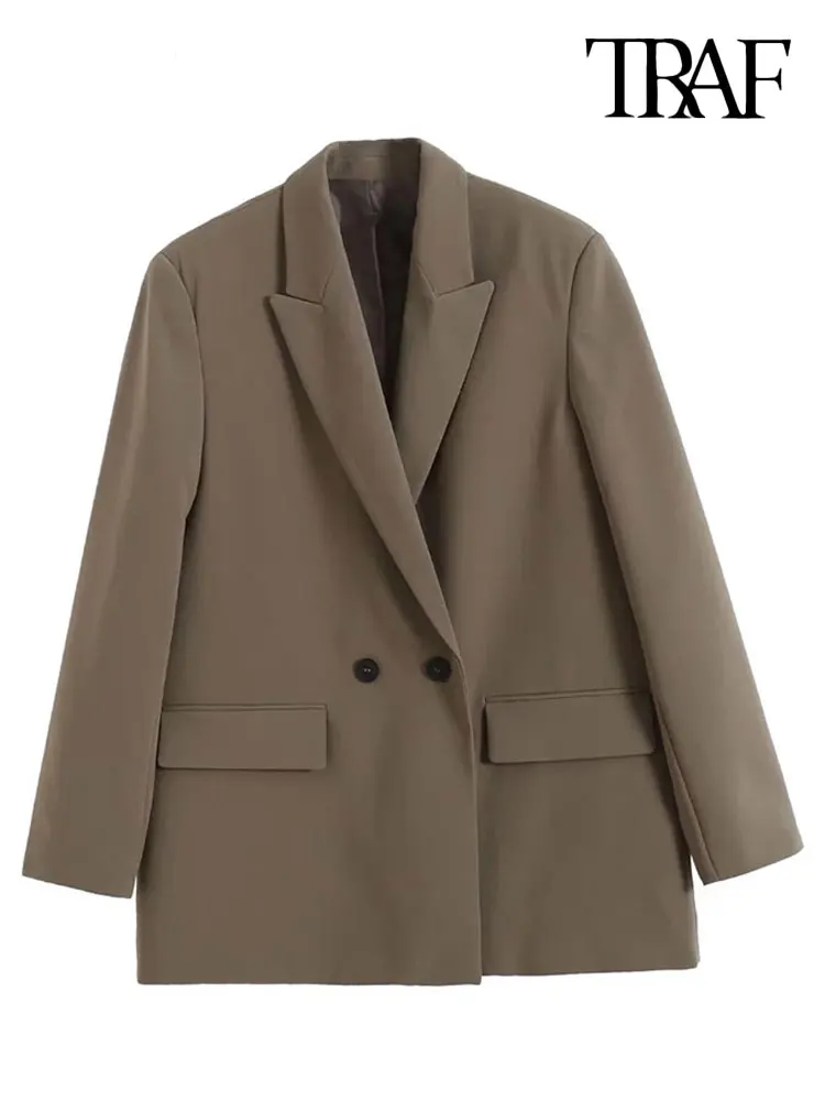TRAF Women Fashion Double Breasted Loose Fitting Blazer Coat Vintage Long Sleeve Pockets Female Outerwear Chic Veste Femme