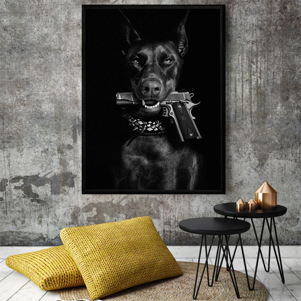 Modern Black Doberman Dog Canvas Cuadros Gun Luxury Fashion Poster Prints Canvas Painting Nordic Wall Art Picture Room Decor 4