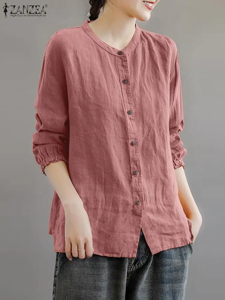 

ZANZEA Autumn Vintage Solid Shirt Woman O Neck Long Sleeve Blouse Female Fashion Cotton Tunic Tops Casual Street Blusas 2023