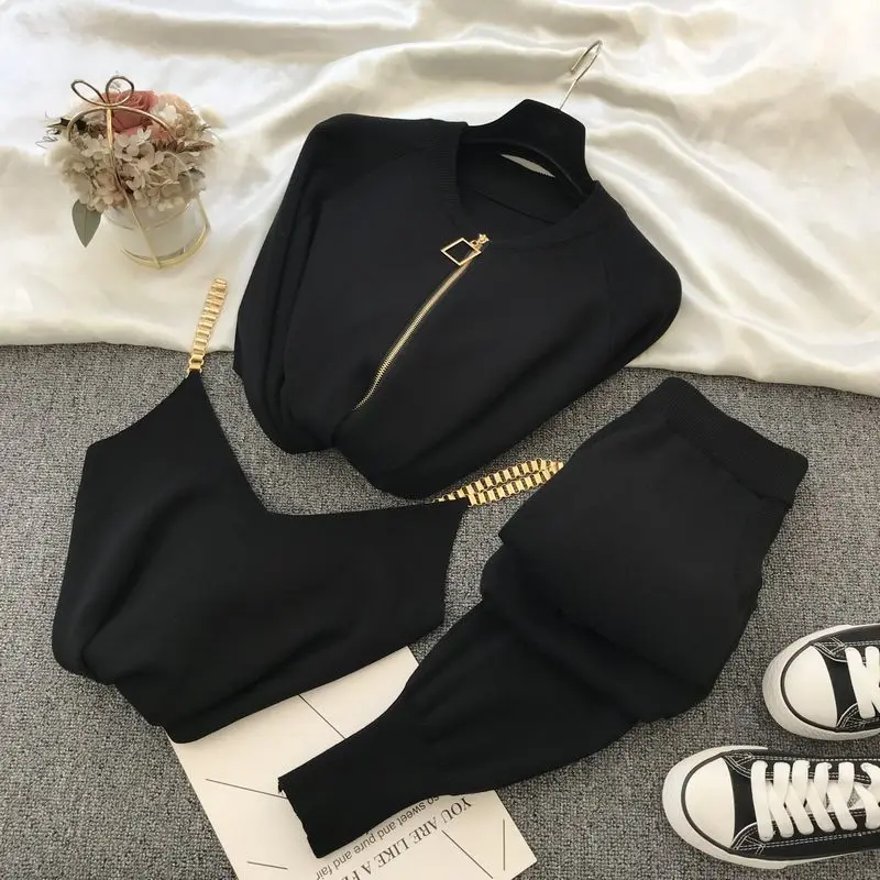 

New Women's Tracksuit Sexy Chain Vest + Long Sleeve Zipper Cardigan + Elastic Waist Pants Knitted Suit 3 Piece Set Women Outfit
