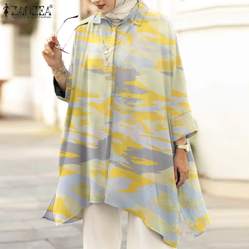 

2022 Women Bohemian Tie-dyed Shirt Spring Long Sleeve Muslim Abaya Blouse ZANZEA Vintage Loose Tunic Tops Casual Islamic
