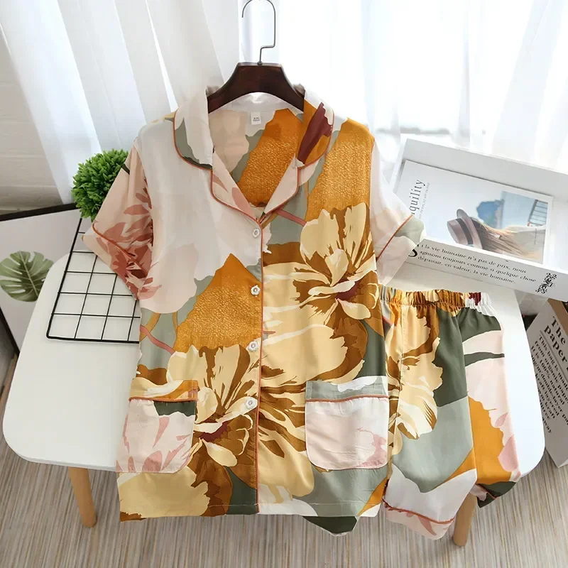

Size Pajamas Pijima Sleepwear Two-piece Female Shorts Printed Suit Home Loose Short-sleeved Women's for Pijima Set Home Plus