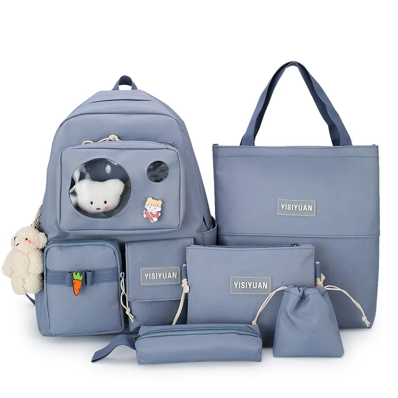 5Pcs Set Cute Bear Canvas Schoolbags for Teen Girls Female Children Tote Shoulder Bag Fashion Women Kawaii Backpack Bookbags | Багаж и