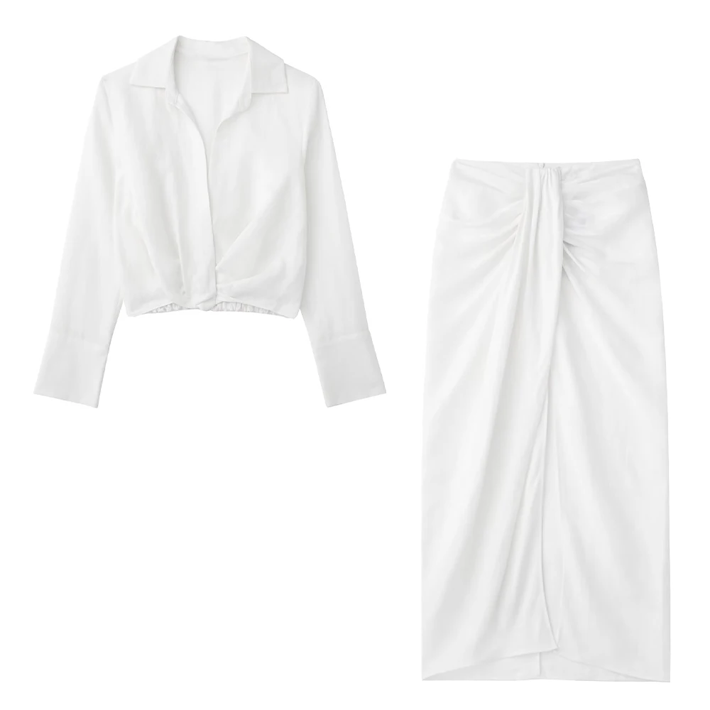 

Женская плиссированная блузка из двух предметов, Повседневная модная однотонная шикарная блузка с длинным рукавом и юбка с завышенной тали...