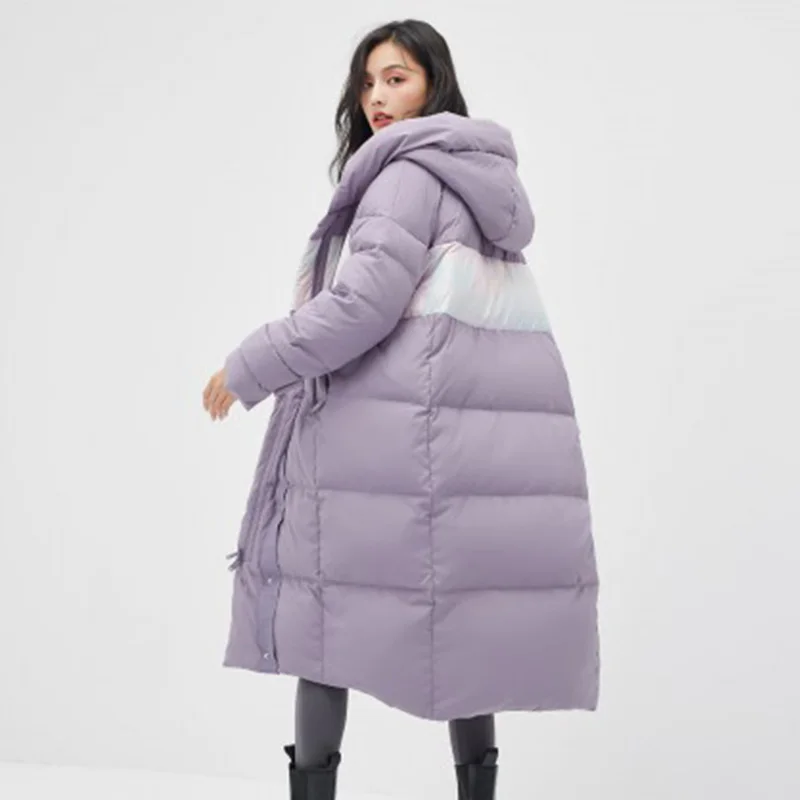 2022 New Fashion White Duck Down Jacket Women Long Over-The-Knee Double Zipper Parkas Contrast Color Stitching Warm Coat Female