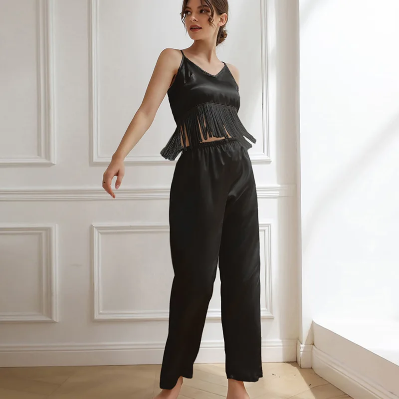 2PCS Pajamas Suit Summer V-Neck With Tassels Camisole Set Satin Sling Pants Pyjamas Pour Home Clothes Femme Sexy Lounge Wear