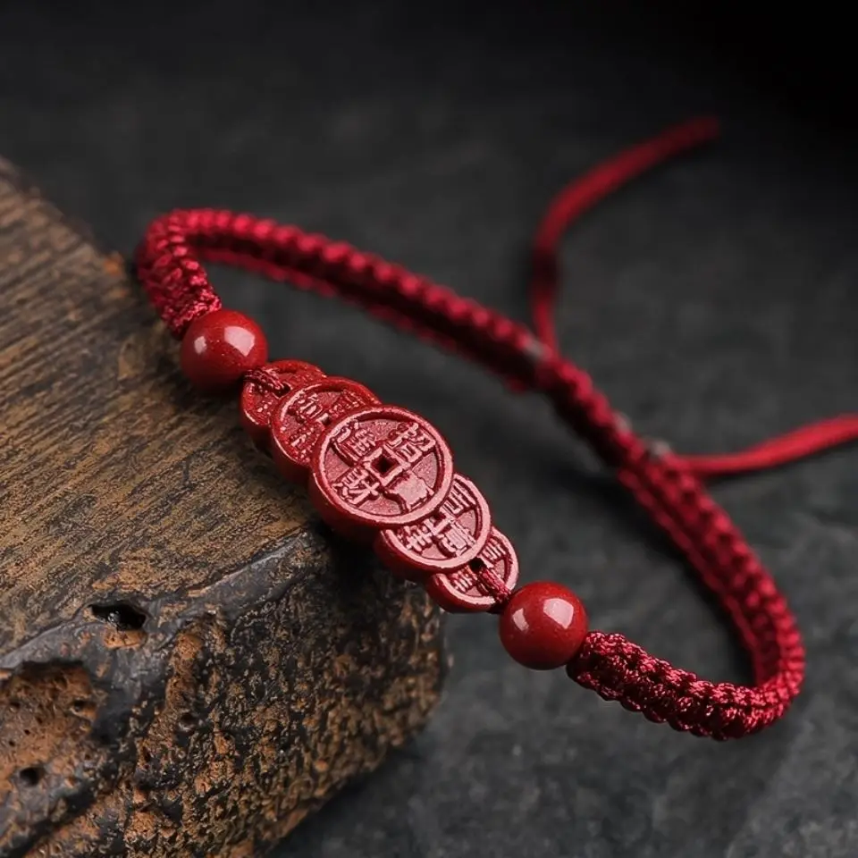 Красный веревочный браслет Cinnabar «пять императоров» для женщин и мужчин, красная веревка для рук, плетеная веревка, винтажный ювелирный амулет-Хранитель