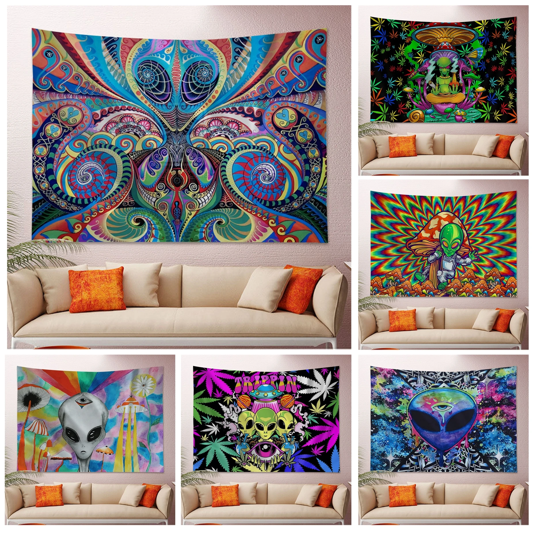 

Alien Kawaii Colorful Tapestry Wall Hanging Japanese Wall Tapestry Anime Art Home Decor