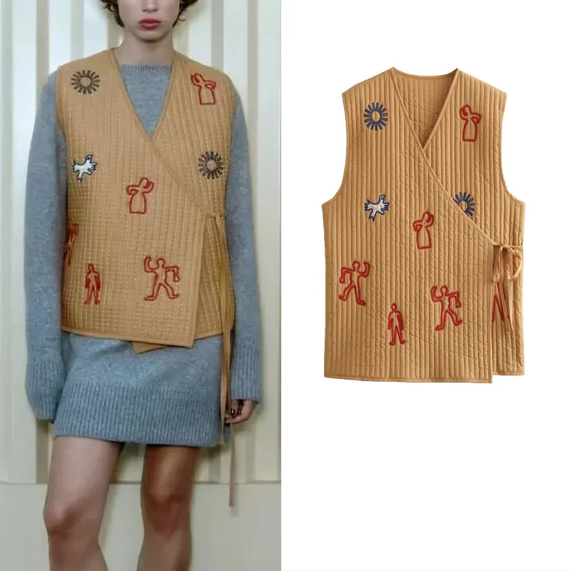 

Женский стеганый жилет с вышивкой, V-образным вырезом, без рукавов