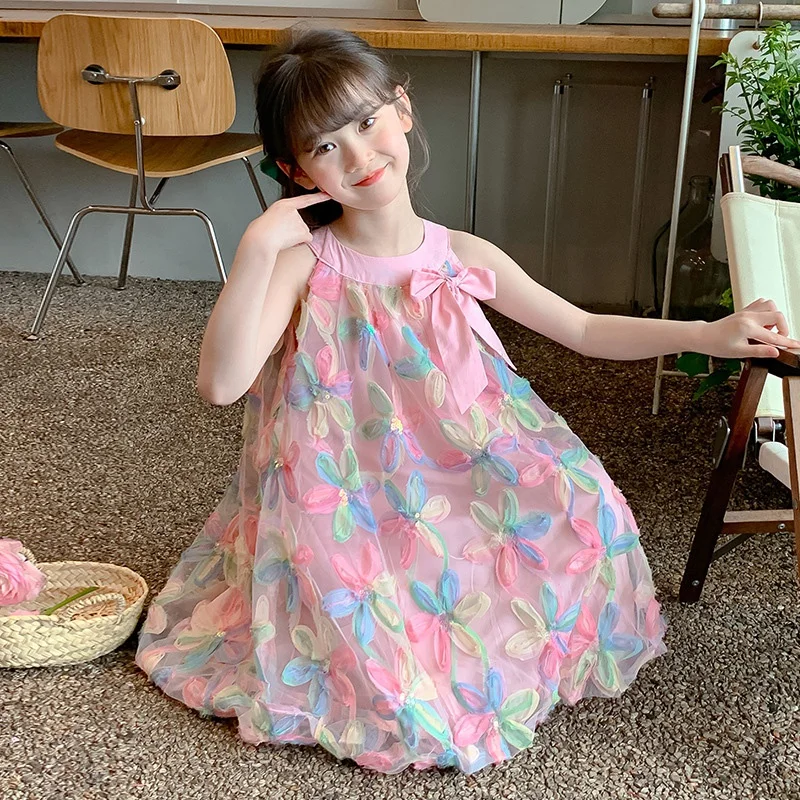 Летнее Радужное Красочное Тюлевое Платье Для Девочек Длиной До Колена С
