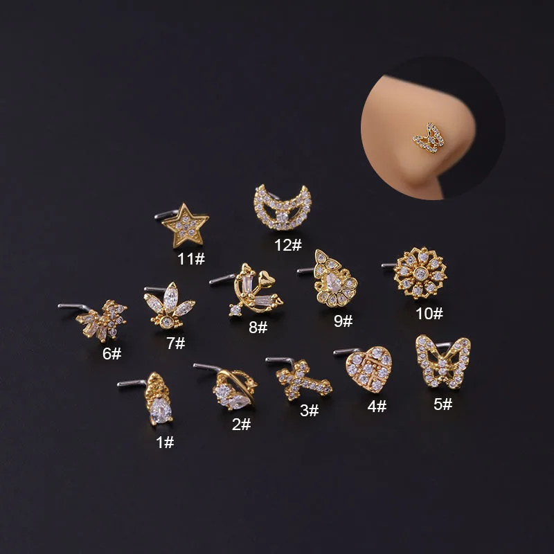 

Stainless Steel Piercing Nose Studs 20G Star Moon Flower Butterfly Zircon Nose Nail Cuff L Rod Indian Body Jewelry For Women