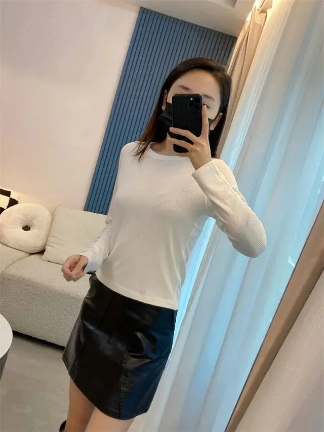 

2023 New Ladies Solid Color Ribbed Slim Fit Long Sleeve Bottoming T-shirt