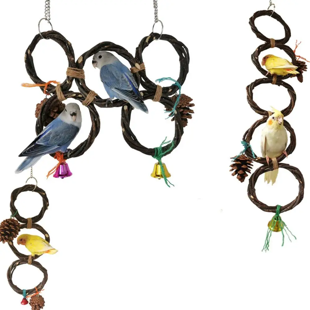 Birds Parrots Hand-woven Hanging Ring Perch Stand Bird Swing Climbing Toy With Bells Pine Cones Cage Supplies Accessories