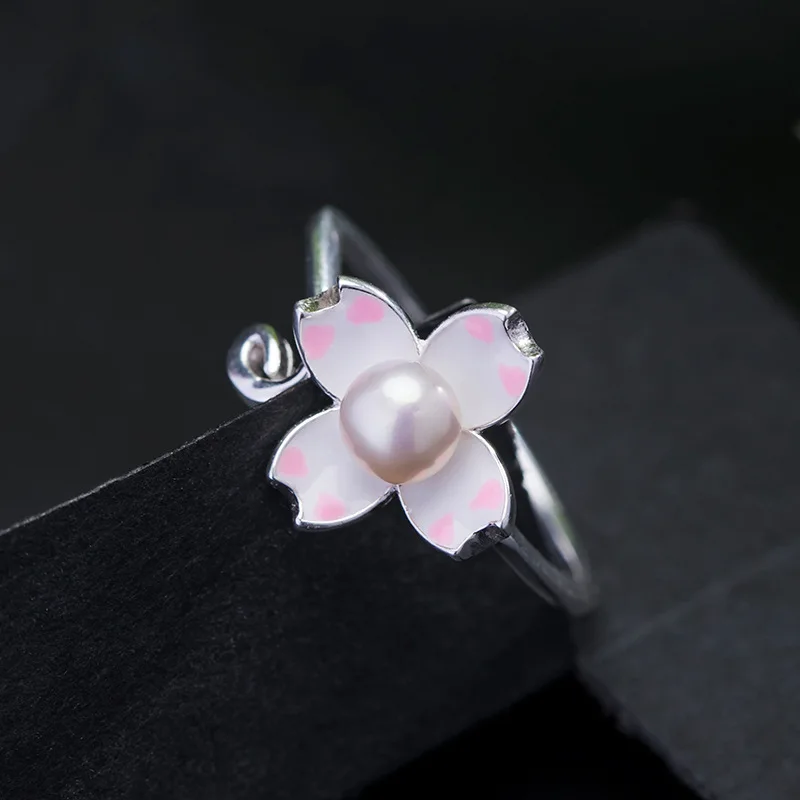 Silvology Real 925 Sterling Silver Natural Freshwater Pearl Four Petal  Flower Rings for Women Epoxy Retro Cute Creative Jewelry