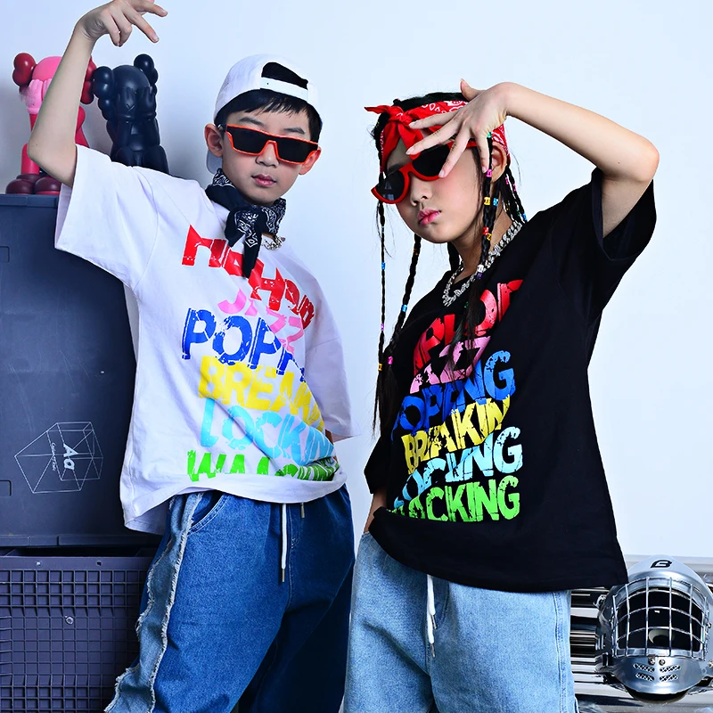 

Fashion Ballroom Hip Hop Dance Costumes For Kids Loose Short Sleeved Hiphop Pants Streetwear Jazz Performance Costumes DQS9147
