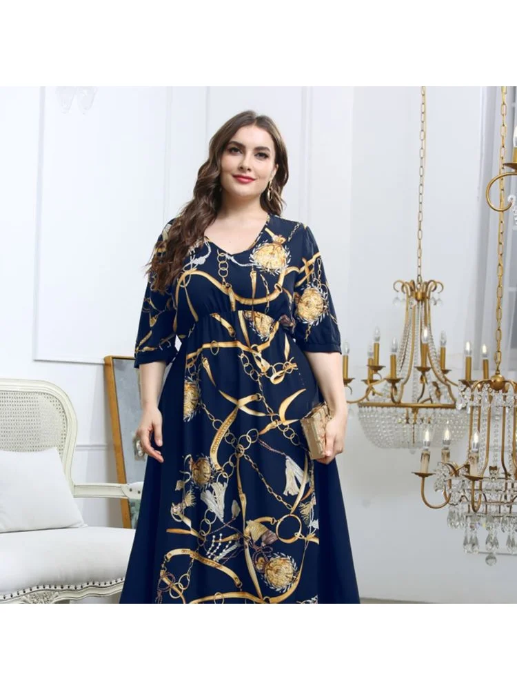 Temperament new plus-size dress cover belly V-neck elastic waist print dress plus-size women dress
