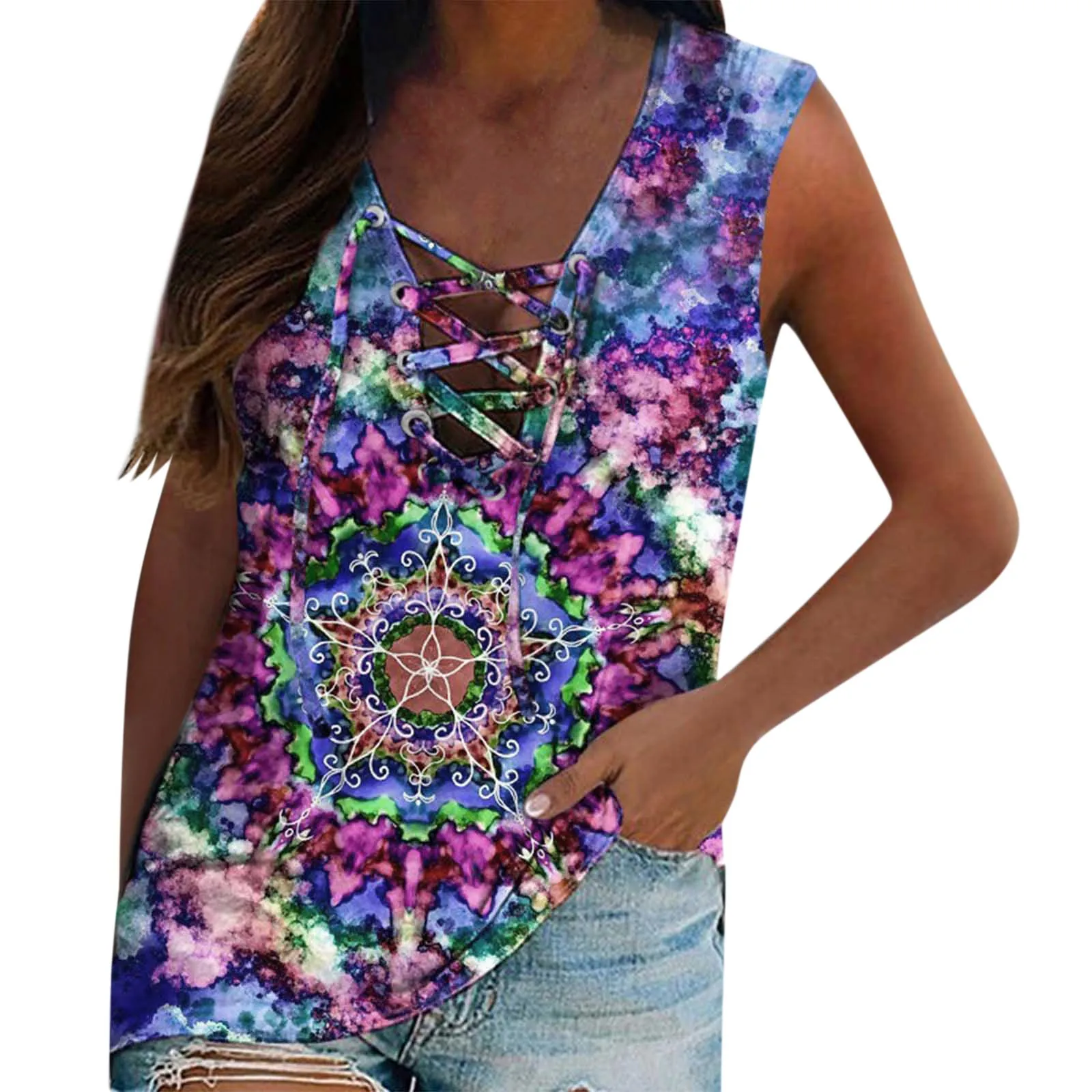 

Майка женская с глубоким V-образным вырезом, пикантный Повседневный пляжный топ в стиле бохо, кружевная рубашка без рукавов, большие размеры...