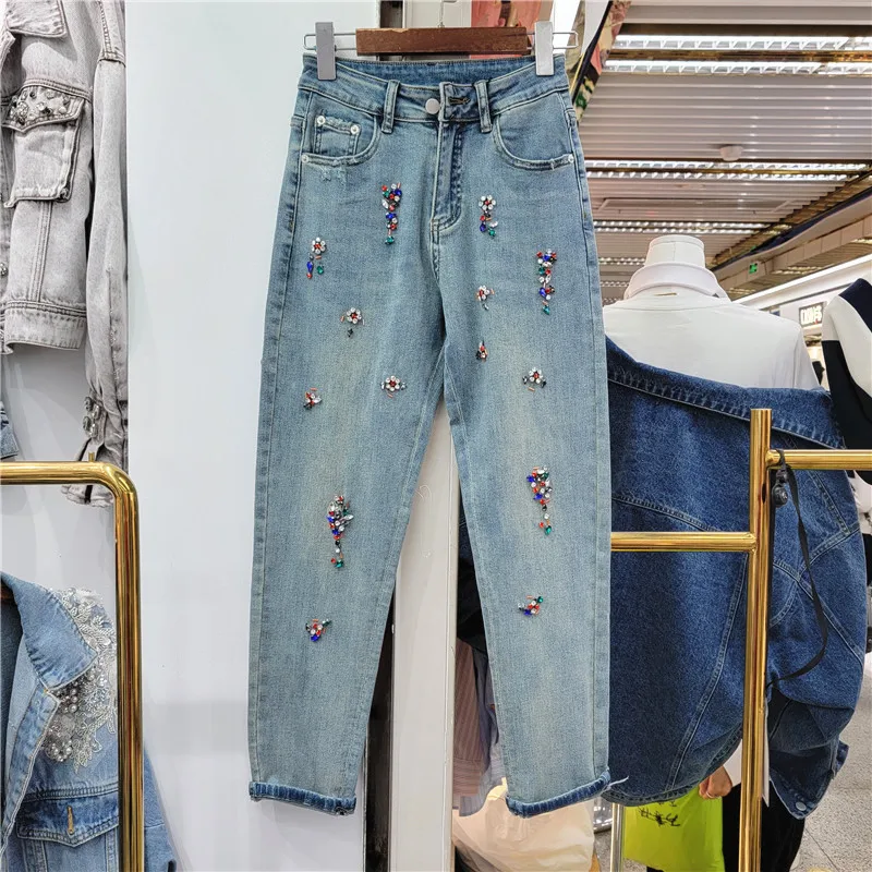 

Новинка весна-лето 2023, изысканные джинсовые брюки с бусинами, узкие джинсы с высокой талией, женские прямые брюки, синие джинсы для женщин