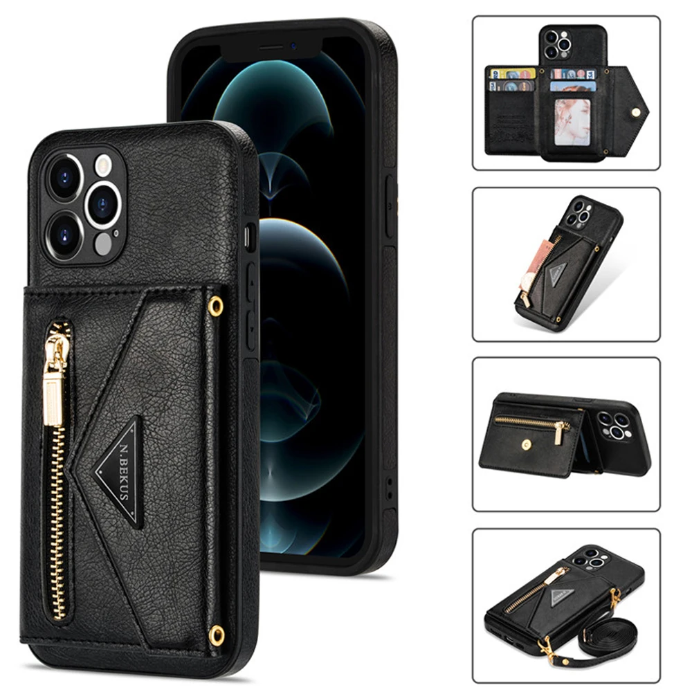 

Shockproof Case for iPhone 13 Mini 11 12 Pro Max XS XR Back Case Leather Card Slot Zipper Cover iPhone 7 8 6S Plus SE 2020 Funda