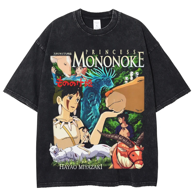 

Mens Vintage Washed Tshirt Anime Princess Mononoke T Shirt Harajuku Streetwear Short Sleeve 100% Cotton Oversized Unisex T Shirt