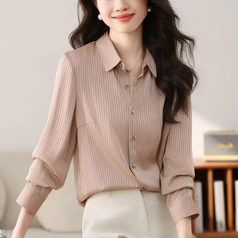 Модная высококачественная шелковая полосатая рубашка женская с длинным рукавом