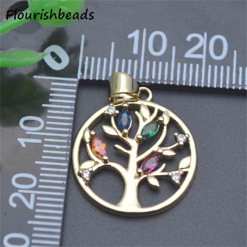 Fashion Design 20pc Nickel Free Anti Fading  Gold Plated Colorful CZ Pave Round Tree of Life Metal Charms for Jewelry Making