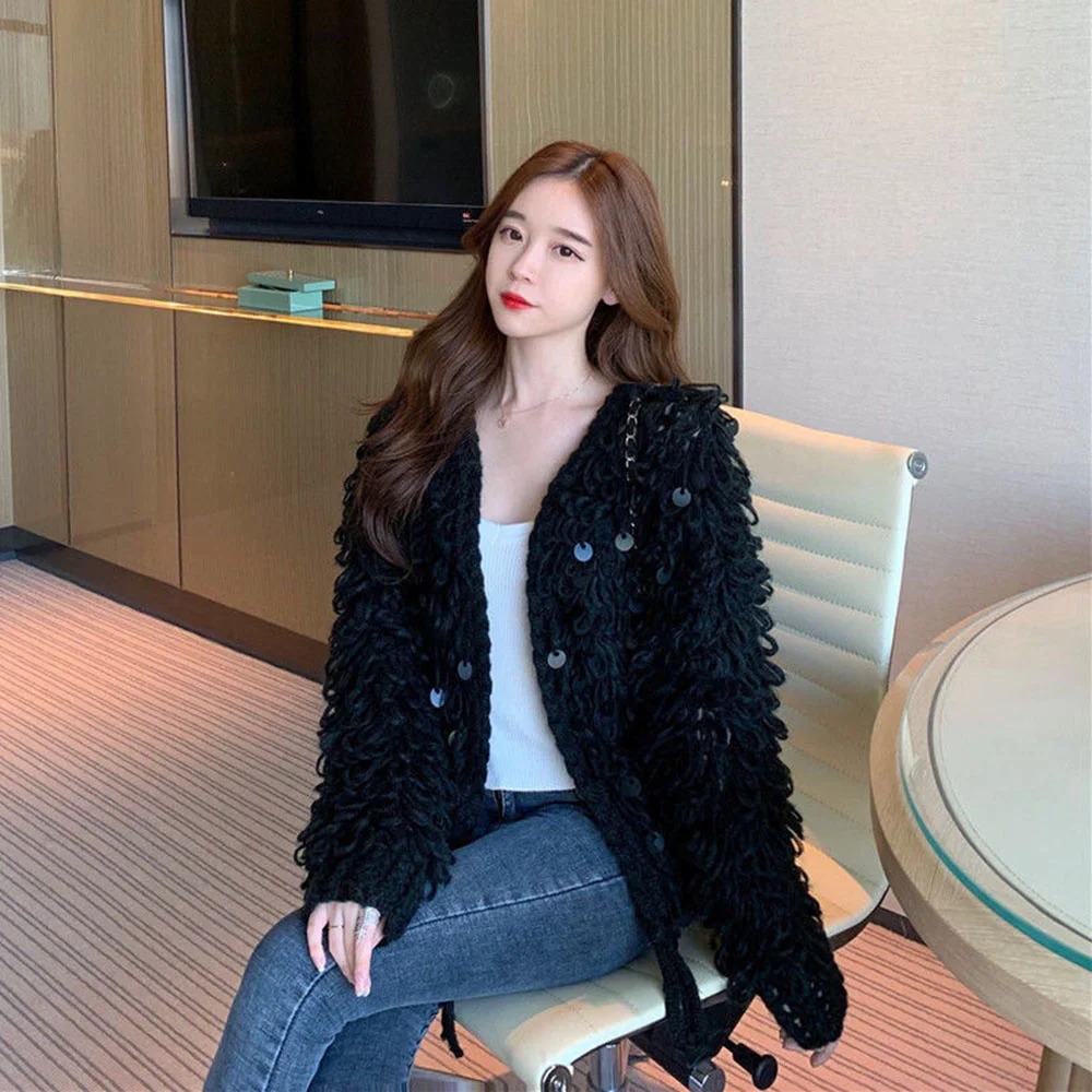 Осенний корейский стиль новинка вязаный женский свитер из мохера с вырезами и