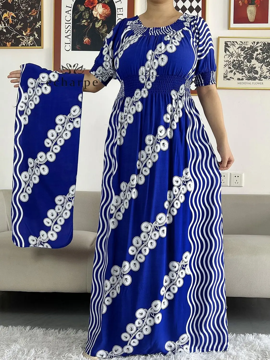Robe africaine Dashiki en coton imprimé Floral  manches courtes  taille droite  ample  avec écharpe