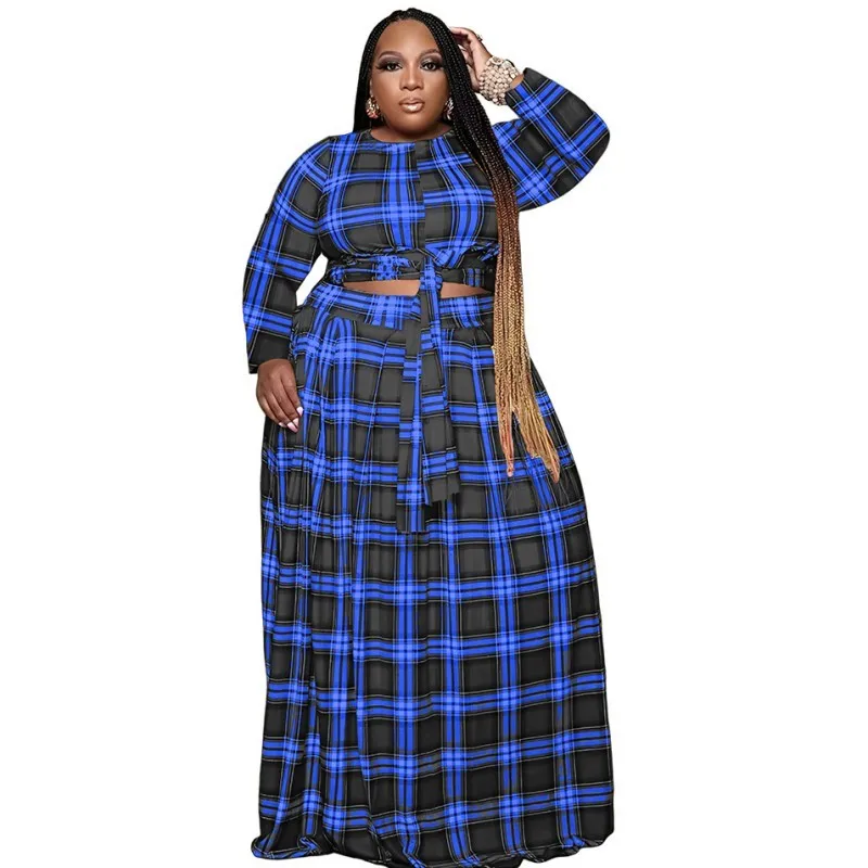

XL 5XL Two Piece Set Big Size Africaine Femme Clothes Fashion Plaid Matching Skirt Set Fall Long Sleeve Top Loose Long Skirts