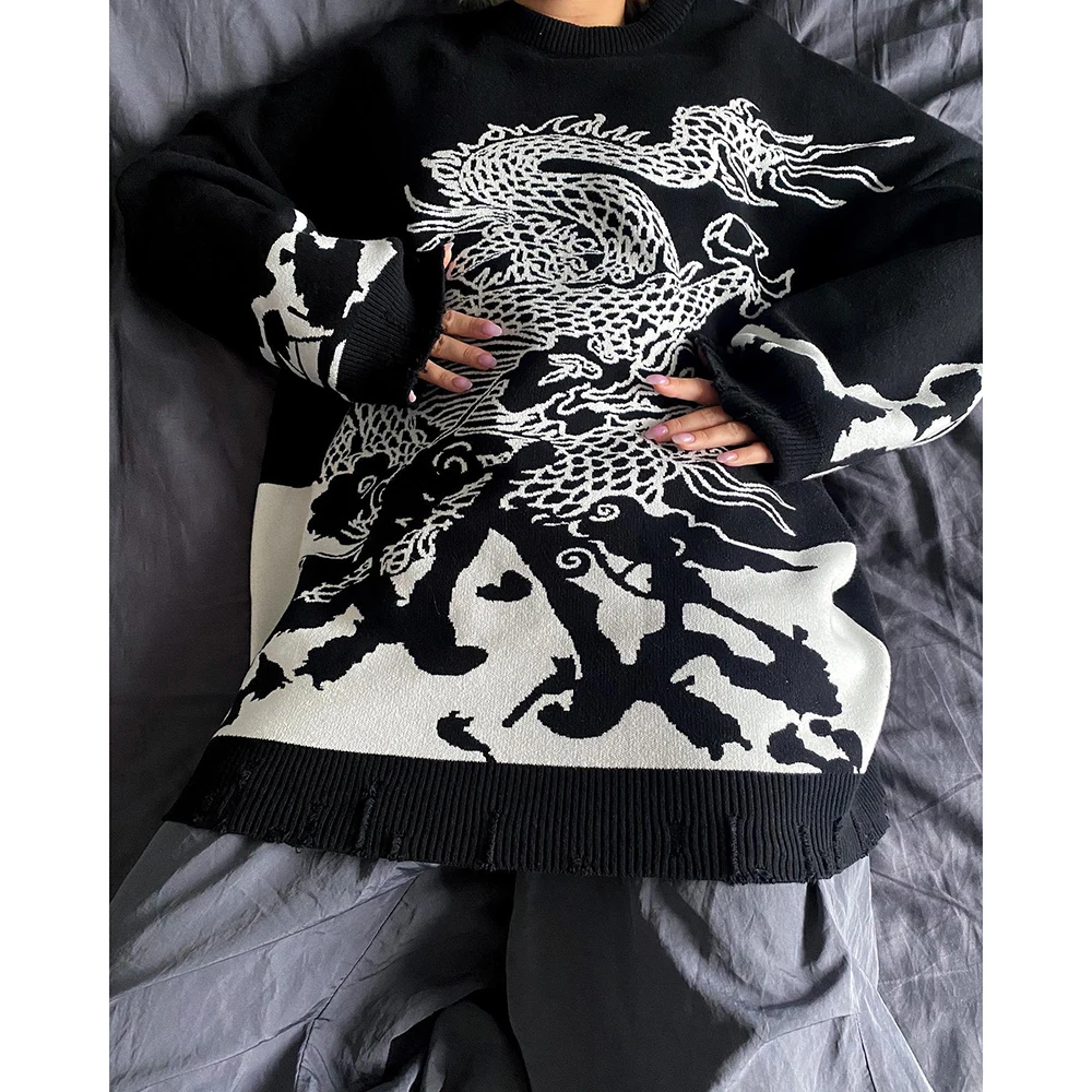 

Dragon Printed Goth Black Sweatshirt Knitted Fashion Streetwear Long Sleeve Oversized Knitwear Women Casual Winter Autumn