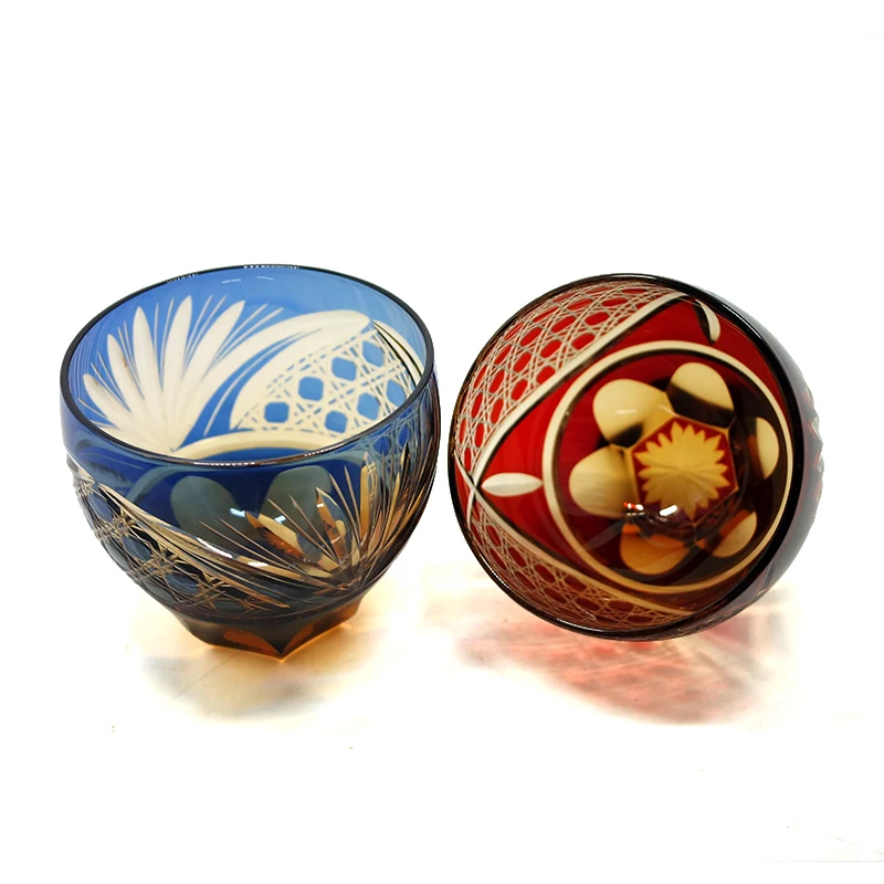 Traditional Japanese Style Cased Glass Hand Carved Crystal  for Whiskey Tequila and Juice With Gift Box