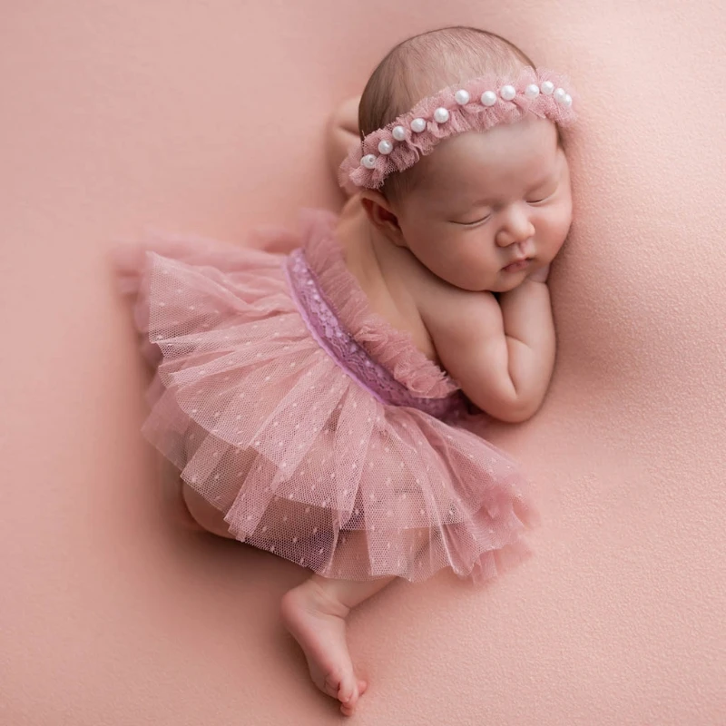 

Newborn Photography Props Lace Skirt Pearl Headband Set Baby Photo Shooting Costume Posing Assist Fotografie Accessories