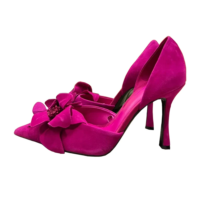 Spring and summer new suede flower hollow sexy pointed sandals thin high heel banquet dress versatile fashion women single shoes