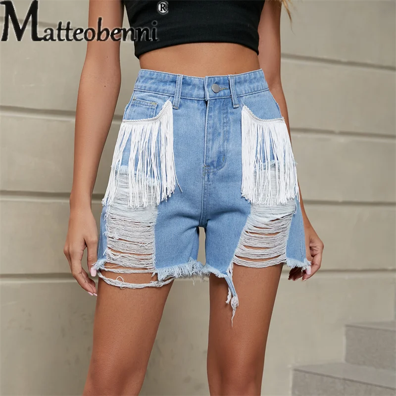 2023 Fashion Broken Holes Splicing Tassel Denim Shorts Women's Mid-waist Button Casual Straight Three-quarter Pants Female Jeans