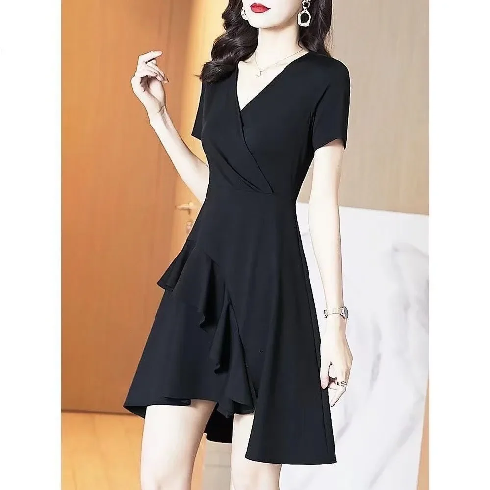 Hebonfand лето 2024 новое утягивающее платье с талией женское элегантное черное