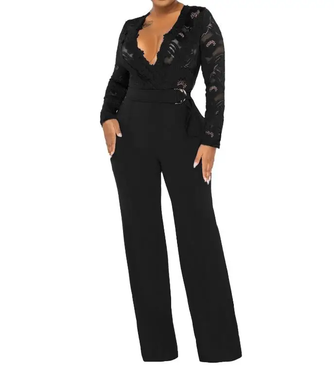 

Elegant Jumpsuit Women 2023 Summer Fashion Sexy Lace Perspective Casual V Neck Long Sleeve Daily Wide Leg Jumpsuit