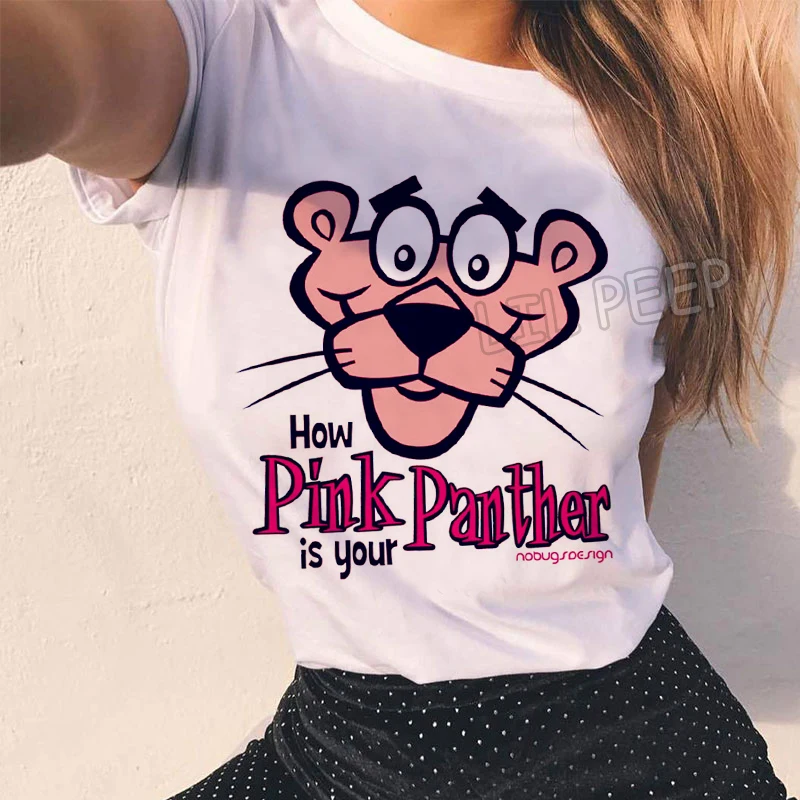 

Women Clothes Funny T Shirt 100% Cotton Pink Panther Graphic Tees Female Comfortable White Tshirt O-Neck Aesthetic Short Sleeves