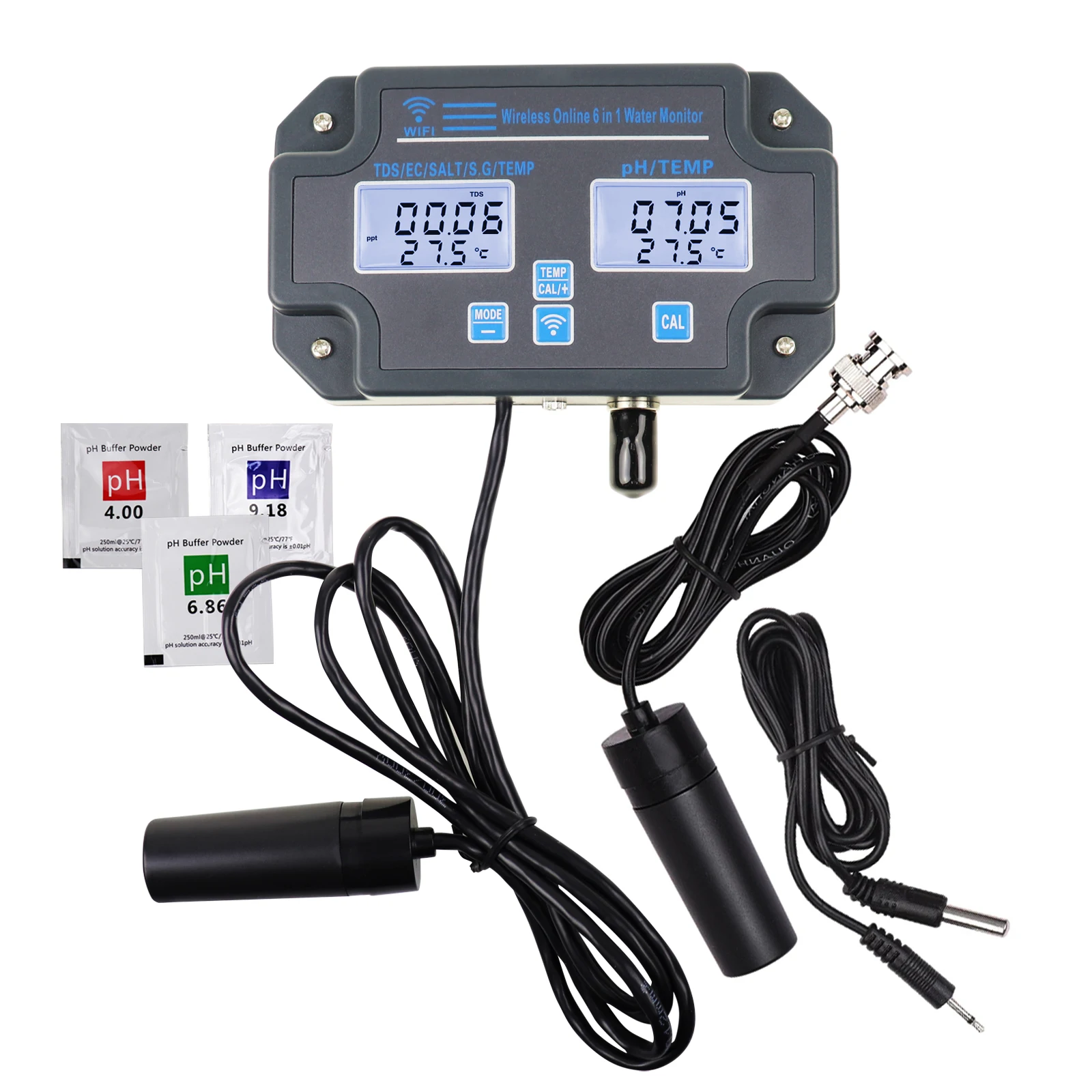 

6-in-1 Smart Water Quality Meter pH / EC / TDS / Salinity / SG / Temperature with Easy Calibration 24Hrs Online APP Monitoring